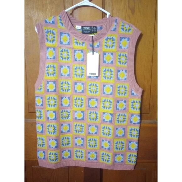 WESC Crochet Sweater Vest Mens Sz S Womens M NWT Floral Patchwork Blue Pink - Picture 2 of 7